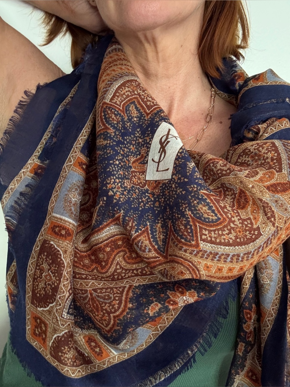 Yves Saint Laurent Navy & Brown Ornate Paisley Silk-Blend Square Scarf 53” - Picture 2 of 7